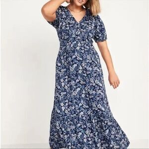 OLD NAVY Puff Sleeve Floral Print All Day Maxi Swing Dress Blue XXL